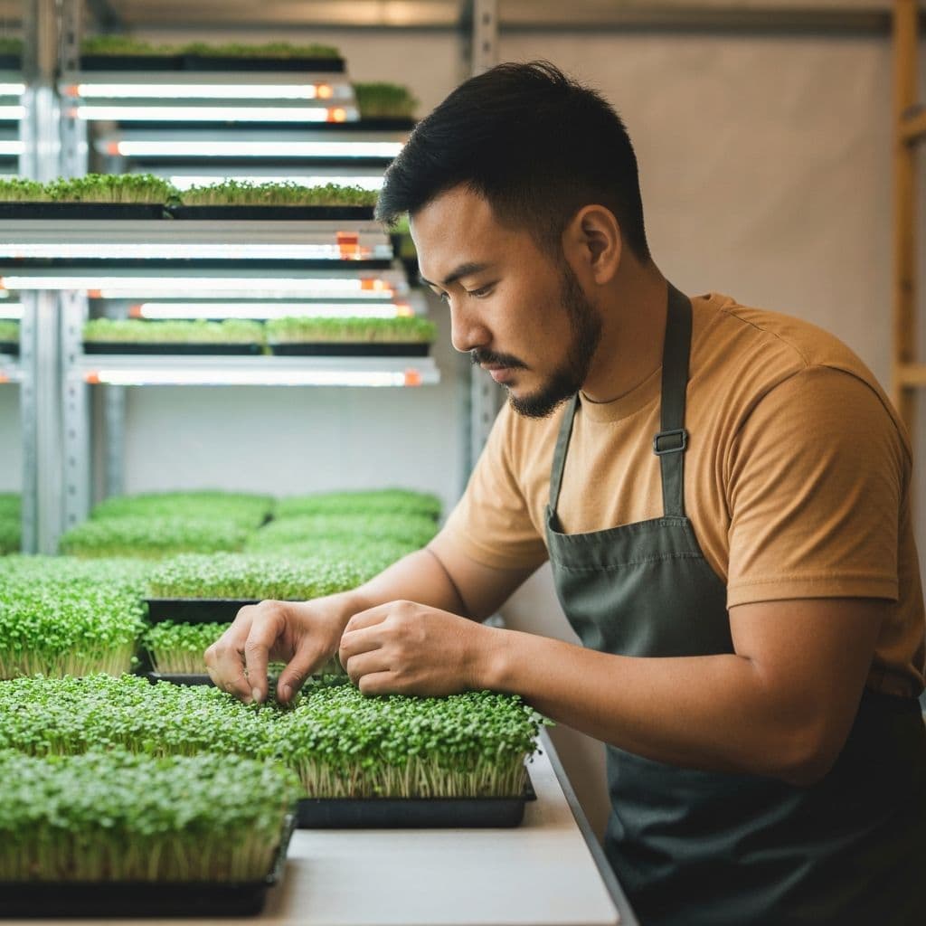 Tending to microgreens in the indoor farm