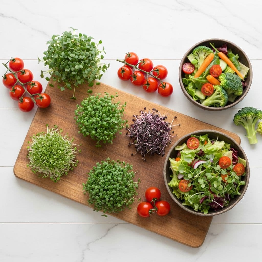 Microgreens arranged with fresh vegetables for healthy eating