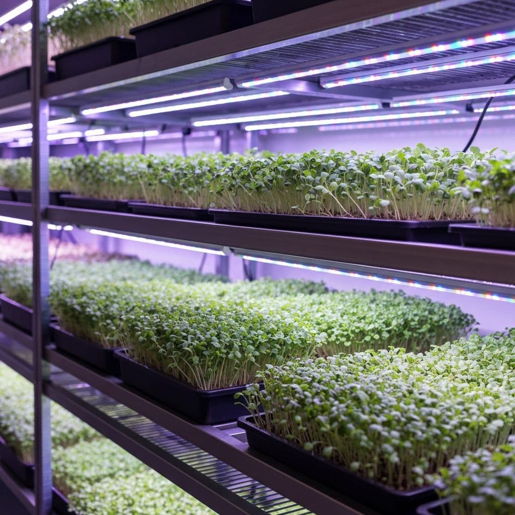 Indoor vertical farming operation with microgreen trays