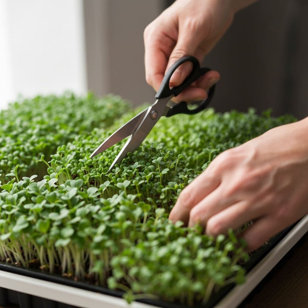 Hands carefully harvesting fresh microgreens